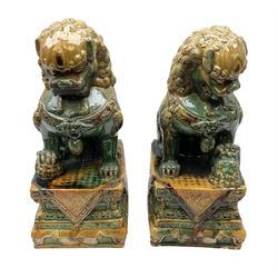 Pair of Chinese Temple Lions or Dogs of Foo, modelled in seated post, one with one front paw resting upon a ball, the other upon a cub, each upon stylised plinth base, H44cm
