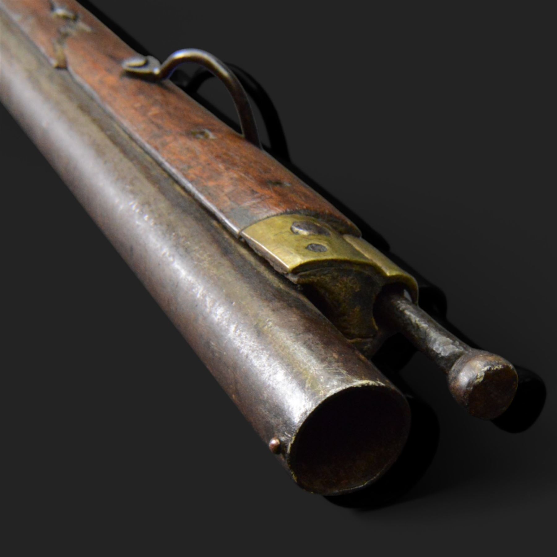Percussion musket, the 70cm barrel with ramrod under, full walnut stock, with two sling swivels, overall L110cm
Sold as an exempt item under Section 58 (2) of the 1968 Firearms Act, to be held as a curiosity or ornament