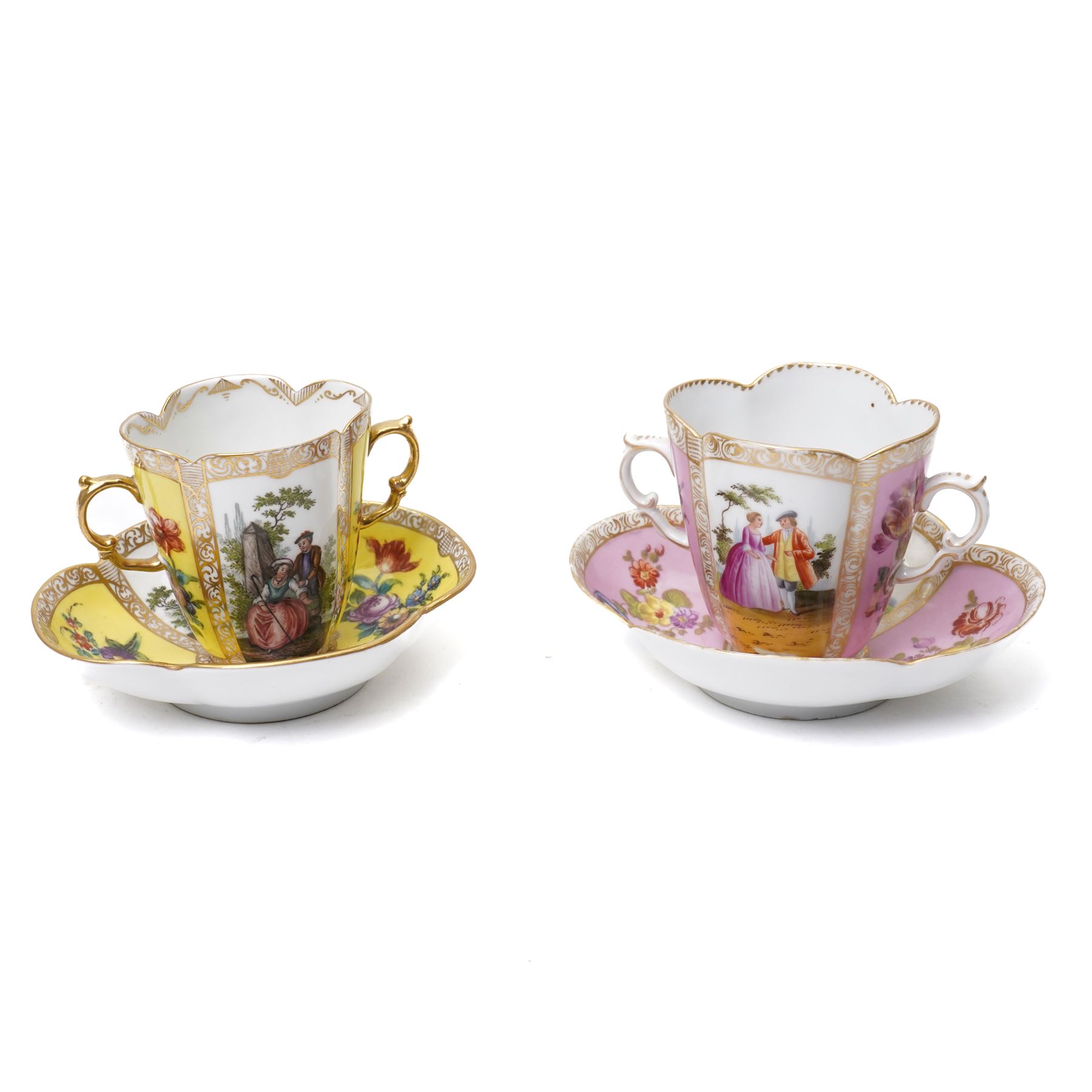 Two 19th century Dresden quatrefoil twin handled chocolate cups and saucers, decorated with Watteau style panels, with pink and yellow floral ground and gilt heightened decoration, blue 'AR' mark to underside for Helena Wolfsohn (2)