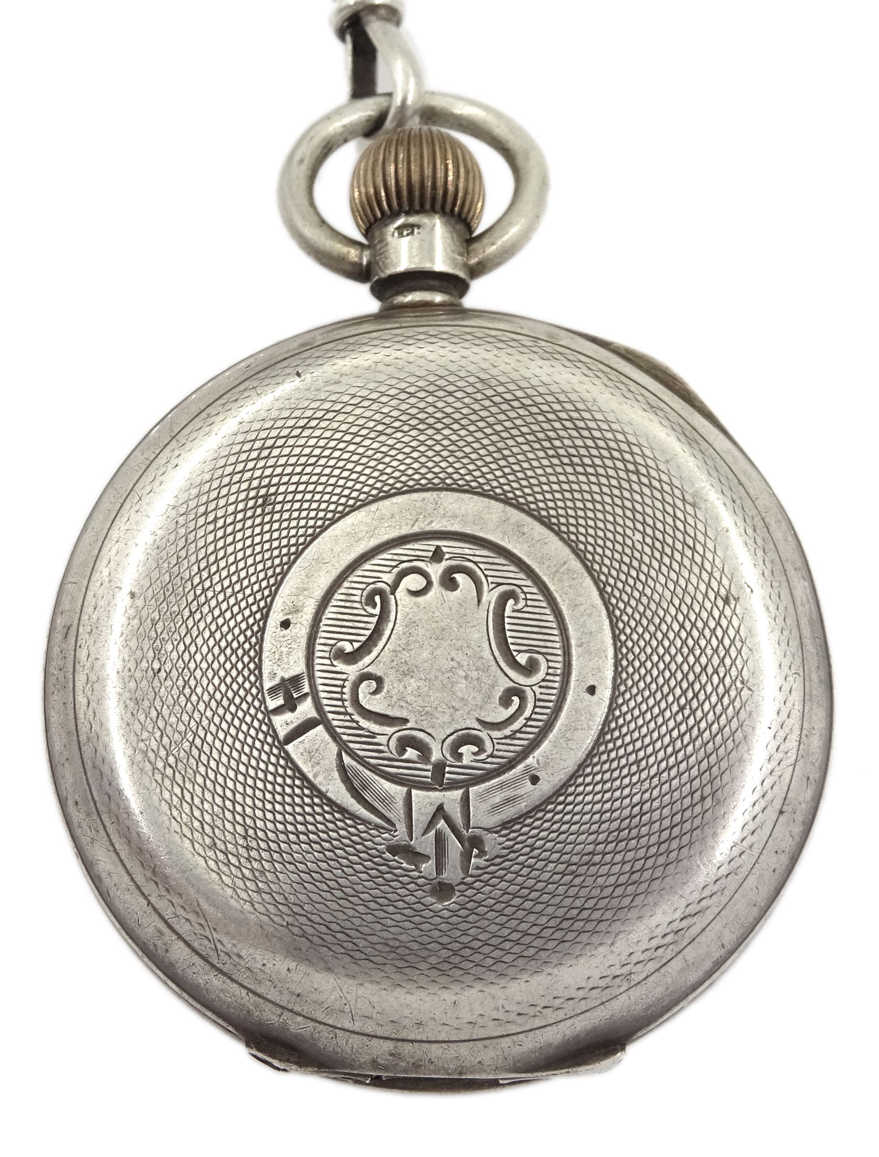 Silver open face keyless lever pocket watch by Toll & Courtis Cape Town, Chester 1900, with tapering silver Albert chain with t-bar and clip, by Joseph Sewill, Birmingham 1895 and silver lighter by Joseph Gloster Ltd, Birmingham 1911