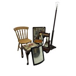 Farmhouse design beech dining chair; oak framed fire screen with needle work panel (W54cm); mahogany wine table; early 20th century beech stool with upholstered seat; curved mirror in black finish frame; late 19th century swing dressing table mirror; and a early 20th century oak standard lamp (7)