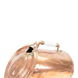 Pair of 19th century copper coal scuttles, of circular form raised on a circular stepped foot with hinged cover, H44cm, L50cm