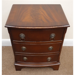 A small Georgian style mahogany chest, moulded top, three drawers, shaped bracket supports (W50cm, H65cm, D40cm) a mahogany pedestal, a small drop leaf occasional table, small pedestal stand, glass top coffee table and a bedroom chair (6)    