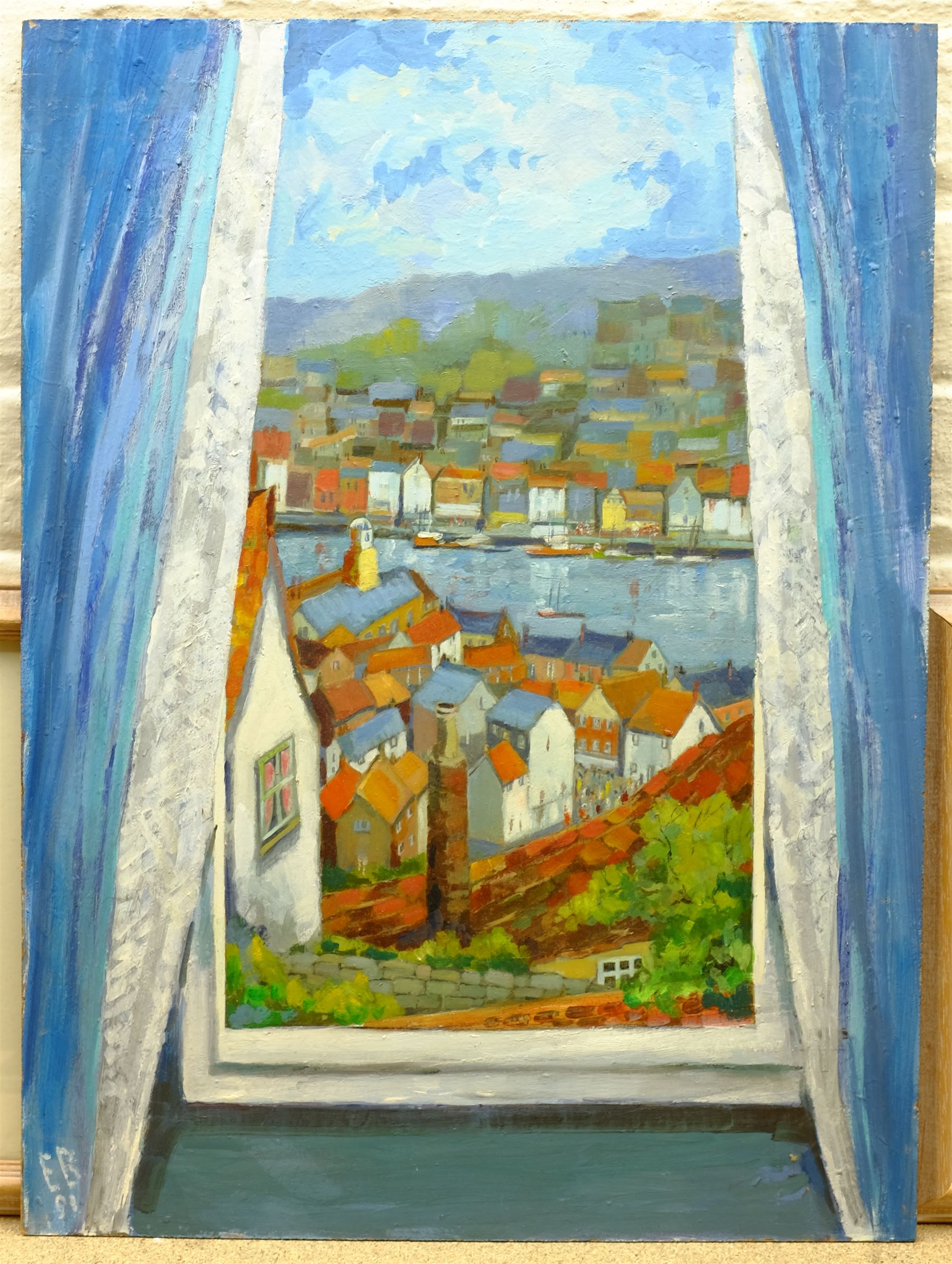 Ethel Blackburn (British 1907-2005): Whitby Rooftops, oil on board signed with initials and dated '91, 61cm x 45cm (unframed)