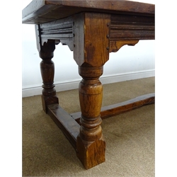  17th century style oak Refectory table, cleated planked top with moulded frieze on ring turned and block supports joined by a floor stretcher, L198cm, W92cm, H80cm   