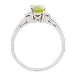 9ct white gold three stone oval cut peridot and diamond ring, hallmarked