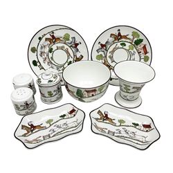 Nine pieces of Coalport and Crown Staffordshire Hunting Scene porcelain including three-piece condiment set, pair of pin dishes, bowl, vase etc