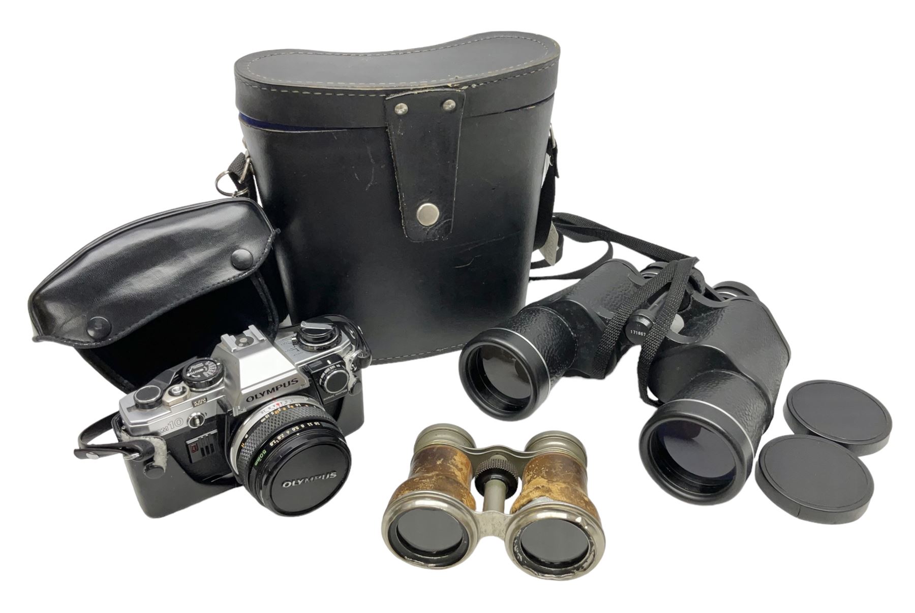 Olympus OM10 35mm camera, cased; pair of USSR 7 x 50 binoculars; cased; and pair of Le Jockey Club Paris binoculars
