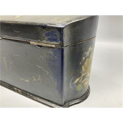 Victorian papier-mâché stationary box, of rounded wedge form with mother of pearl escutcheon, the hinged and curved cover and sides hand painted with floral sprays, opening to reveal a lined and fitted interior, H15cm L22cm D16cm