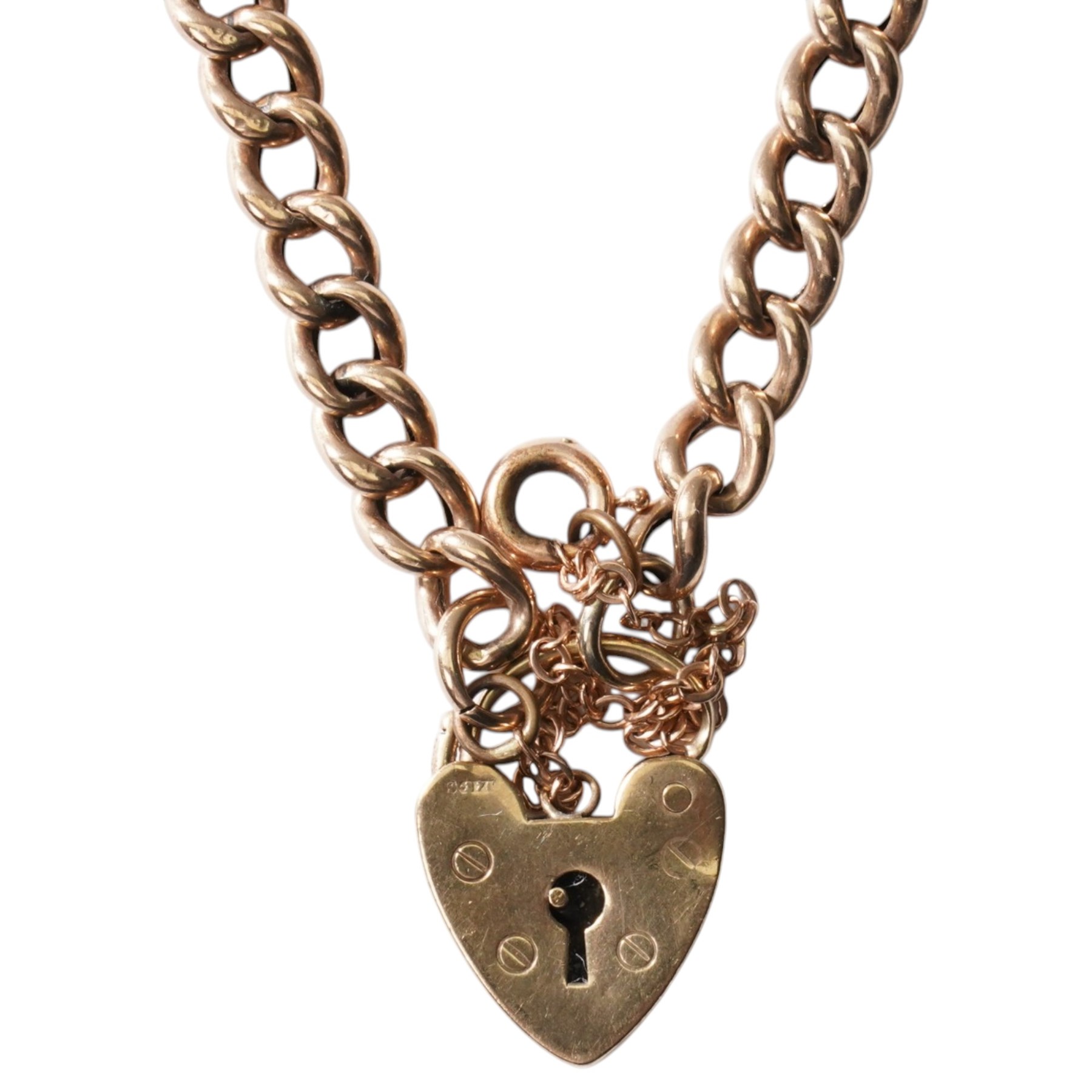 9ct gold curb link bracelet with heart padlock clasp