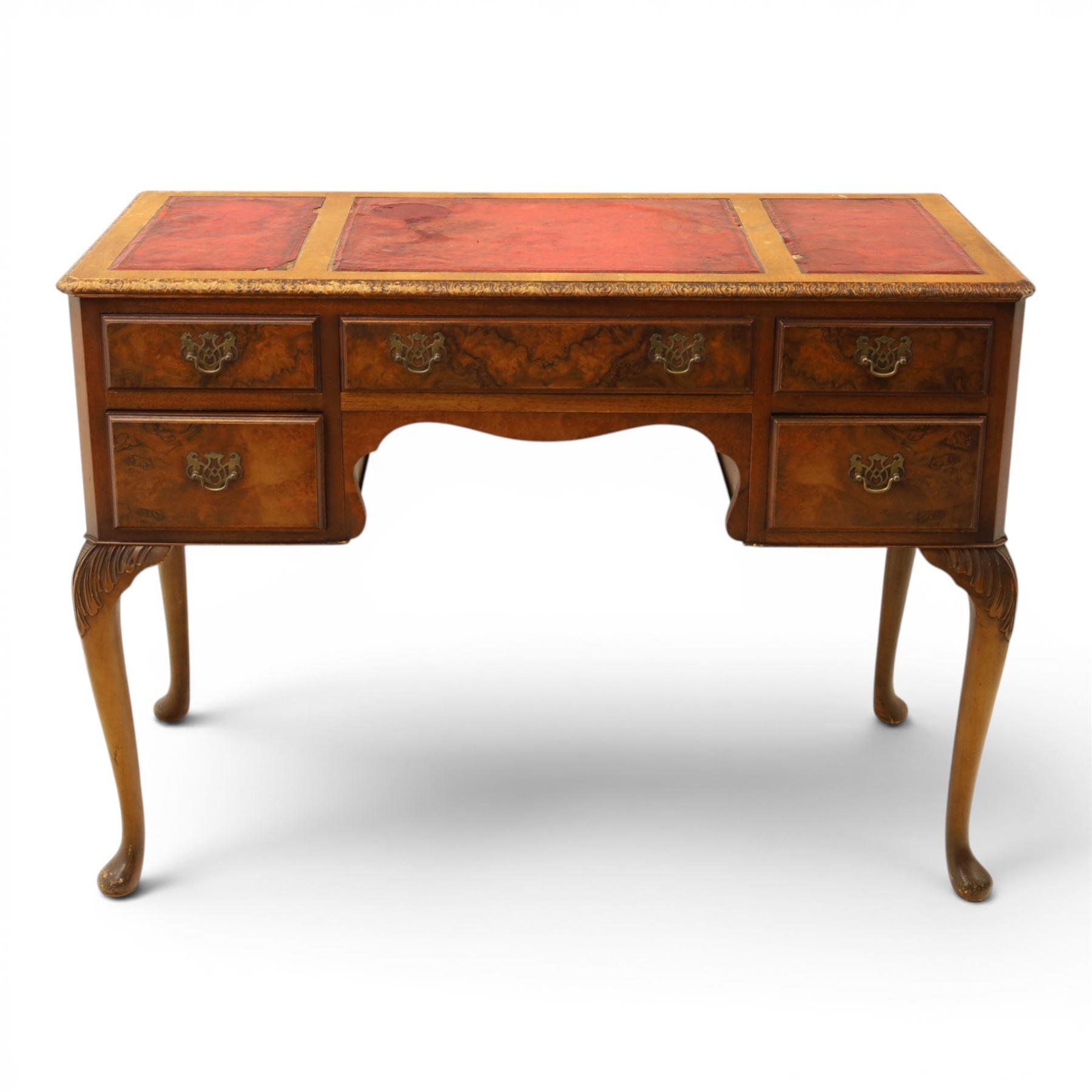 Early 20th century Queen Anne design figure walnut desk, triple inset leather writing surface, fitted with five drawers