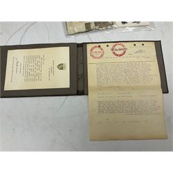 Disbound WW2 album relating to the battleship HMS King George VI containing over fifty various size loose photographs of the ship in action, guns firing, crew members, aircraft, two of George VI on board, three of Winston Churchill on board, official 1942 Christmas messages including Franklin Roosevelt etc; together with unrelated printed letter on 10 Downing Street notepaper from Winston Churchill; and Order of Service for Churchill's funeral at St. Paul's Cathedral 30th January 1965
