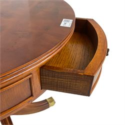 Wade - Georgian design yew wood drum side table, banded circular top with reeded edge, fitted with single cock-beaded drawer, raised on turned pedestal with splayed supports and castors