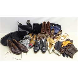  1960's/ 70's ladies accessories pair GM London heeled leather shoes, five other pairs, Suzy Smith leather handbag, clutch bags, Bermona Crinoline black hat, velvet hat, scarf, pairs leather gloves and other accessories   