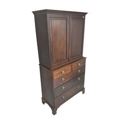 George III oak linen press, projecting cornice with dentil moulding over two panelled doors enclosing two adjustable shelves, fitted with two short over three long drawers, raised on bracket feet