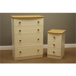 Cream and oak finish four drawer chest (W77cm, H107cm, D42cm), and matching two drawer bedside (W40cm, H70cm, D42cm)  