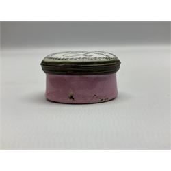 Late 18th century Staffordshire enamel patch box, of oval form with pink base, the hinged cover inscribed 'Have Communion with few, Be familiar with One, Deal justly with All, Speak evil of none' upon a white ground, opening to reveal mirror beneath, W4cm
