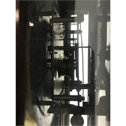 Late 19th century Vienna type wall clock, walnut and beech cased, eight day movement striking the hours and half on coil, H107cm (two weights and pendulum)