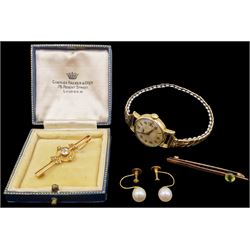 Edwardian gold aquamarine and split pearl brooch, stamped 15ct, pair of gold pearl screw back earrings, 9ct rose gold peridot brooch, Birmingham 1911 and a Longines gold-plated ladies wristwatch