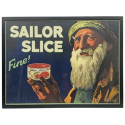 After Septimus Edwin Scott (British 1879-1965): 'Sailor Salmon Slice - Fine!' Tinned Fish held by Fisherman, original vintage advertising lithograph poster pub. England c.1930, 74cm x 100cm