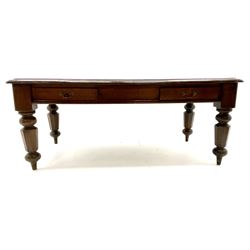 Victorian oak library table, moulded sides, inset maroon leather top, two frieze drawers, four heavy turned and tapering octagonal supports