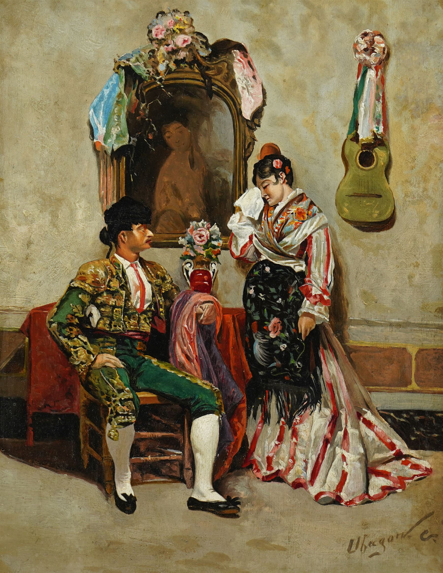 Spanish School (Early 20th century): After the Bullfight - the Matador and Flamenco Dancer, oil on panel indistinctly signed 34cm x 26cm