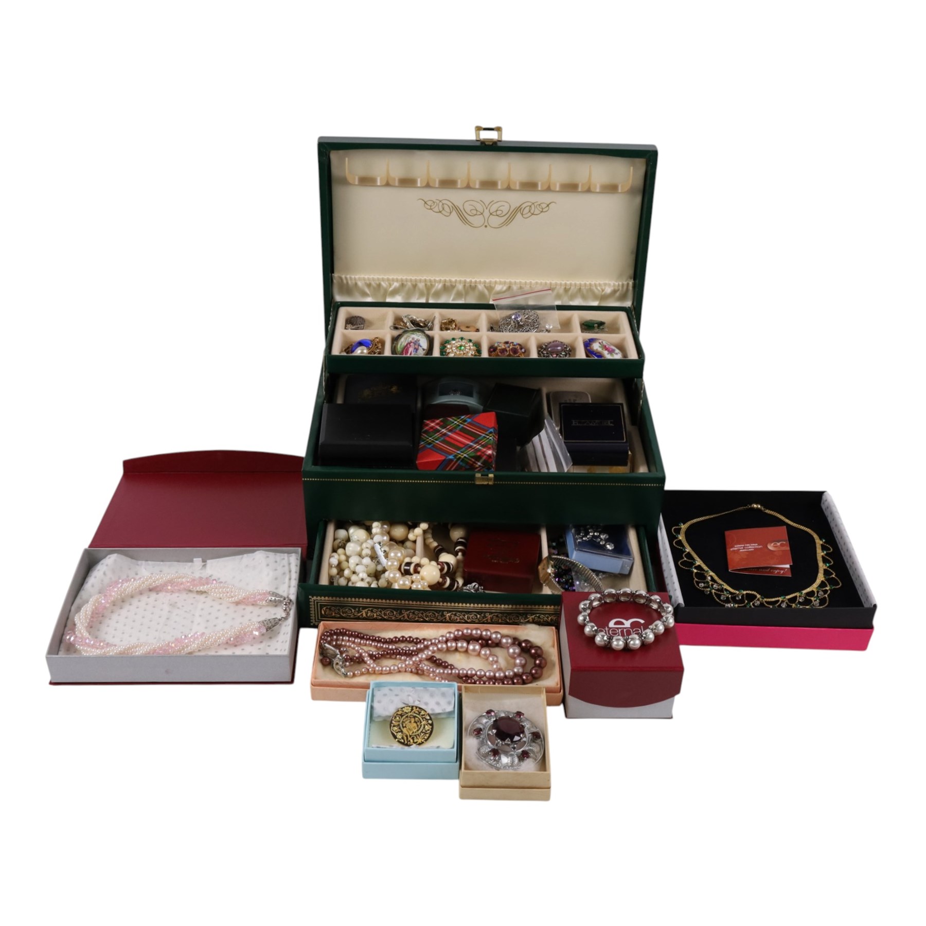 9ct gold t-bar and clip, 9ct gold and silver stone set ring, silver jewellery including brooches, necklaces and ring and a collection of costume jewellery