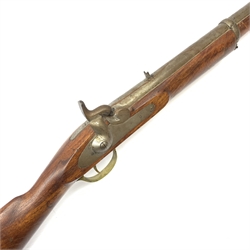 Indian style Enfield type smooth bore muzzle loading percussion cap musket, approximately 24-bore, full walnut stock with two bands and ramrod under L122cm overall
