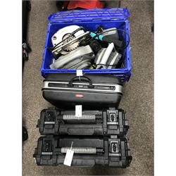 A quantity of hand power tools including a circular saw, hand planer etc and three tool cases
