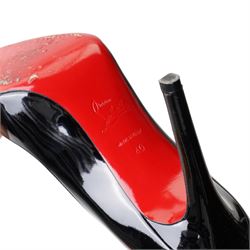 Christian Louboutin - black patent leather high-heeled stiletto court shoes, with pointed toes, stiletto heels and signature red lacquered soles, size 40, with original box and red dust bag