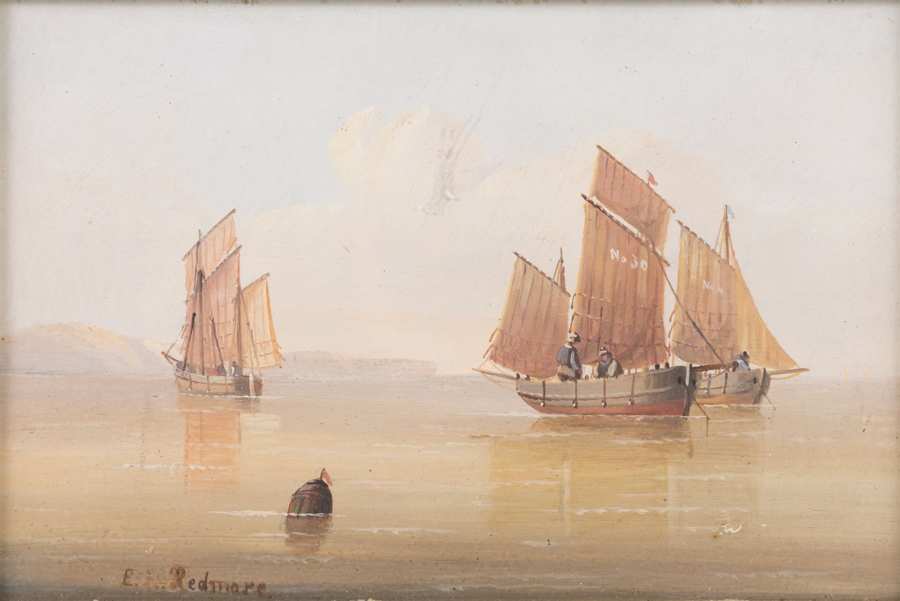 Edward King Redmore (British 1860-1941): Two Boat Scenes with Headlands, two oils on board, together with two further scenes of boats, max 17cm x 18.5cm (4) (one unframed)