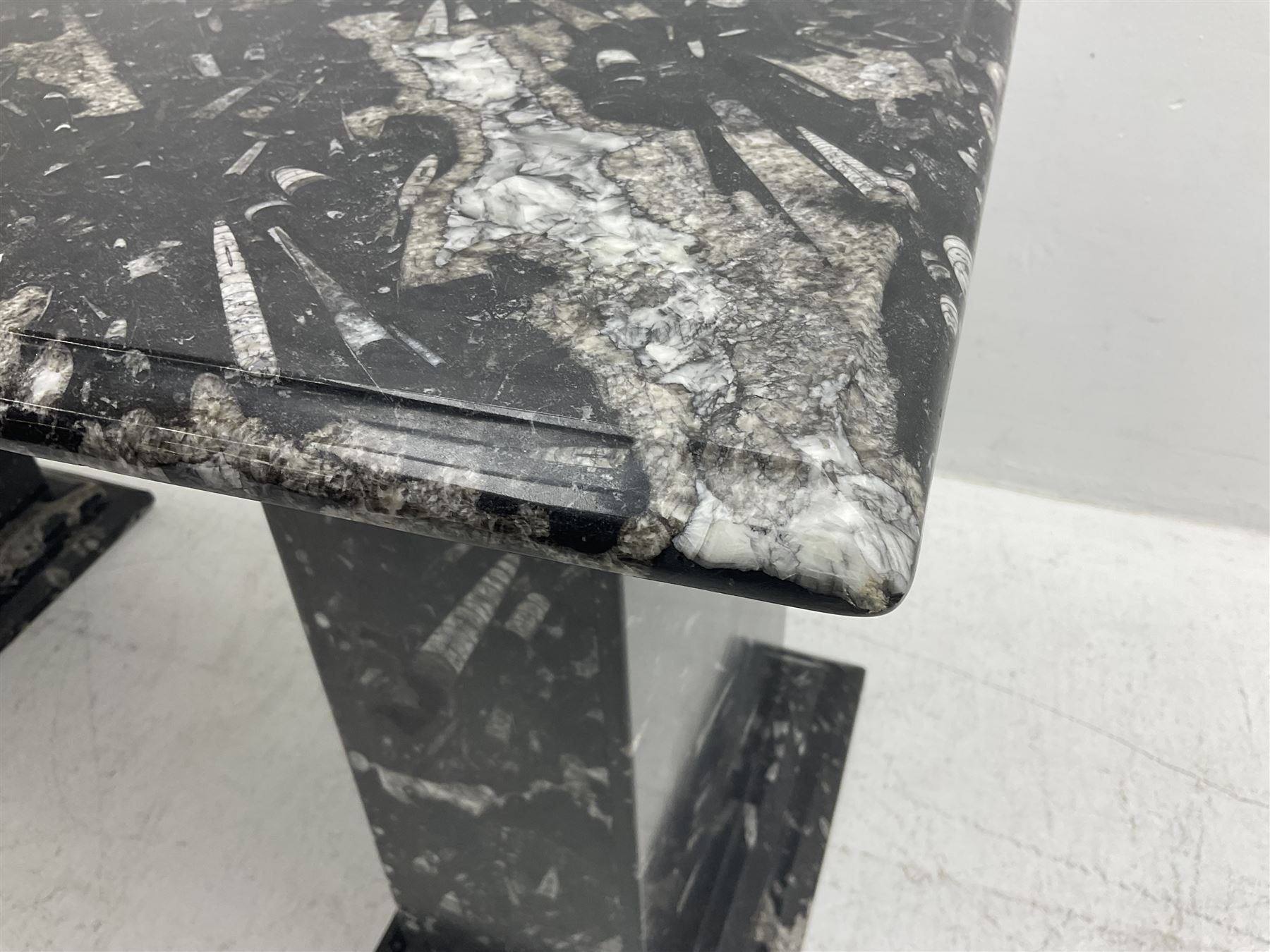 Marble hall table with orthoceras and goniatite inclusions, the rectangular top upon two rectangular stepped plinths, H75cm, L135cm, D78cm 
