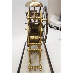  20th century brass skeleton clock, pierced Roman chapter ring with subsidiary date aperture, twin fusee movement with rack strike mechanism striking the hours on bell, carrara marble base and ebonised plinth, W53cm, H42cm  