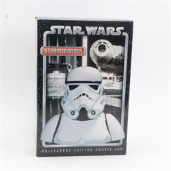 Star Wars collectables, comprising Cards Inc. Characters Star Wars Storm Trooper Collector's Edition Cookie Jar, Lego Star Wars Darth Vader Alarm Clock and Led Key Light, Placo Toys Darth Vader diecast key chain and a Watchit Darth Vader LCD watch, all boxed or carded