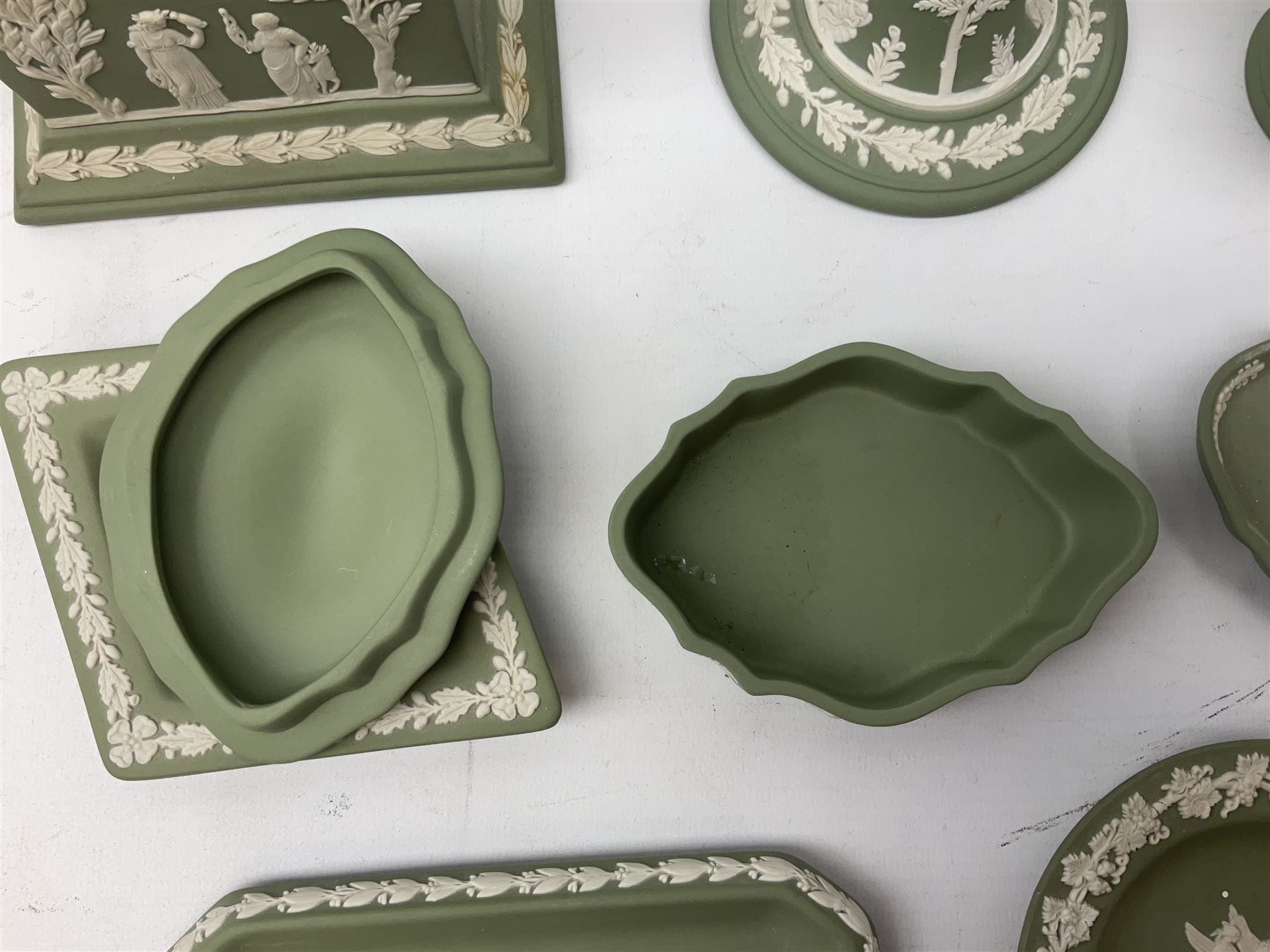 Collection of Wedgwood sage green Jasperware to include mantel