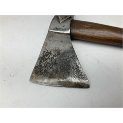 Early 20th century ceremonial Tomahawk pipe, steel axe head with pipe bowl, drilled drawing shaft, 46cm