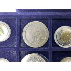 Commemorative, fantasy and other coinage, including George II 1754 farthing, George III 1773 farthing, cartwheel penny and cartwheel two pence, Queen Victoria Canada 1886 twenty five cents, various commemorative crowns etc, housed in three blue coin trays