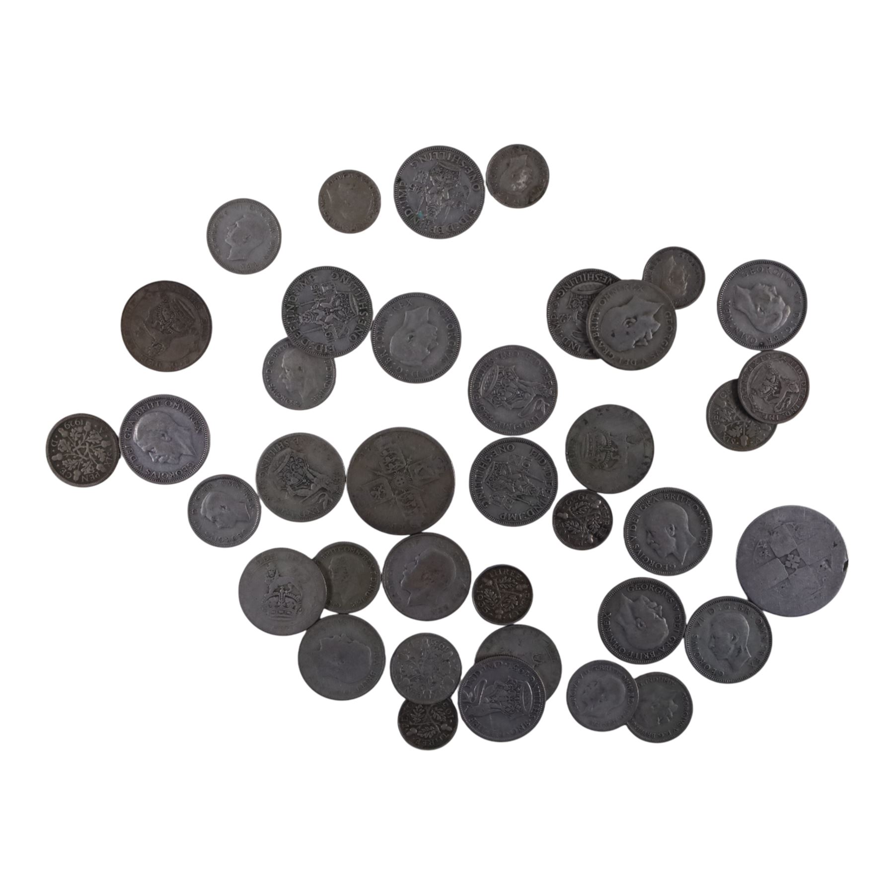 Approximately 16 grams of Great British pre-1920 and approximately 160 grams of pre-1947 silver coins, together with further pre-decimal coins, a Guernsey 1868 eight doubles, and an Ireland George III 1769 half penny