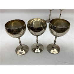 Set of six plated goblets each engraved with 'Guest 7 Sig Regt', various tankards, snuff box engraved 'F. Dean' and with cricketing scene to the reverse, cricketing fobs including hallmarked silver examples, two vintage duck calls, novelty Jesse James folding knife, Marine Band harmonica, cast metal and painted circular  plaque, binoculars, etc