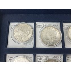 Twelve United States of America silver Morgan dollar coins, dated 1878 S, 1879 S, 1880 S, 1881 S, 1882 O, 1883 O, 1884 O, 1884 CC, 1885 O, 1886, 1887 and 1888