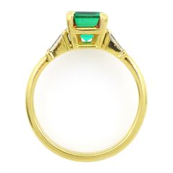 18ct gold three stone square cut emerald and baguette cut diamond ring, hallmarked, emerald approx 1.35 carat