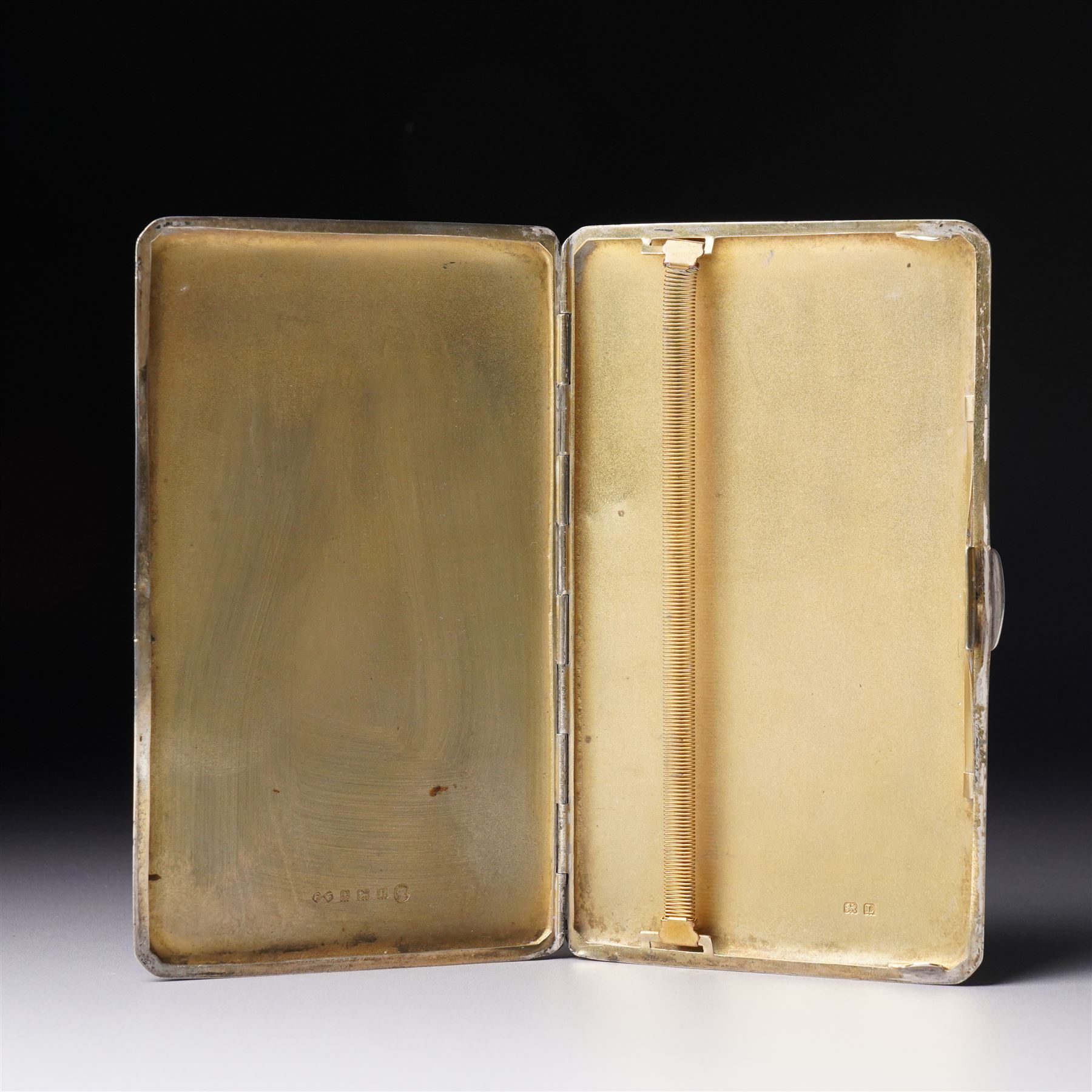 Engine turned silver cigarette case engraved with initials Birmingham 1935 Maker Frederick Field
