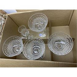 Stuart Crystal Hardwicke pattern glasses, silver mounted glass tray stamped Birmingham 1909, silver collared bottle, pukeberg of Sweden owl paperweight, decanter, mantel clock, dressing table brush set etc in three boxes