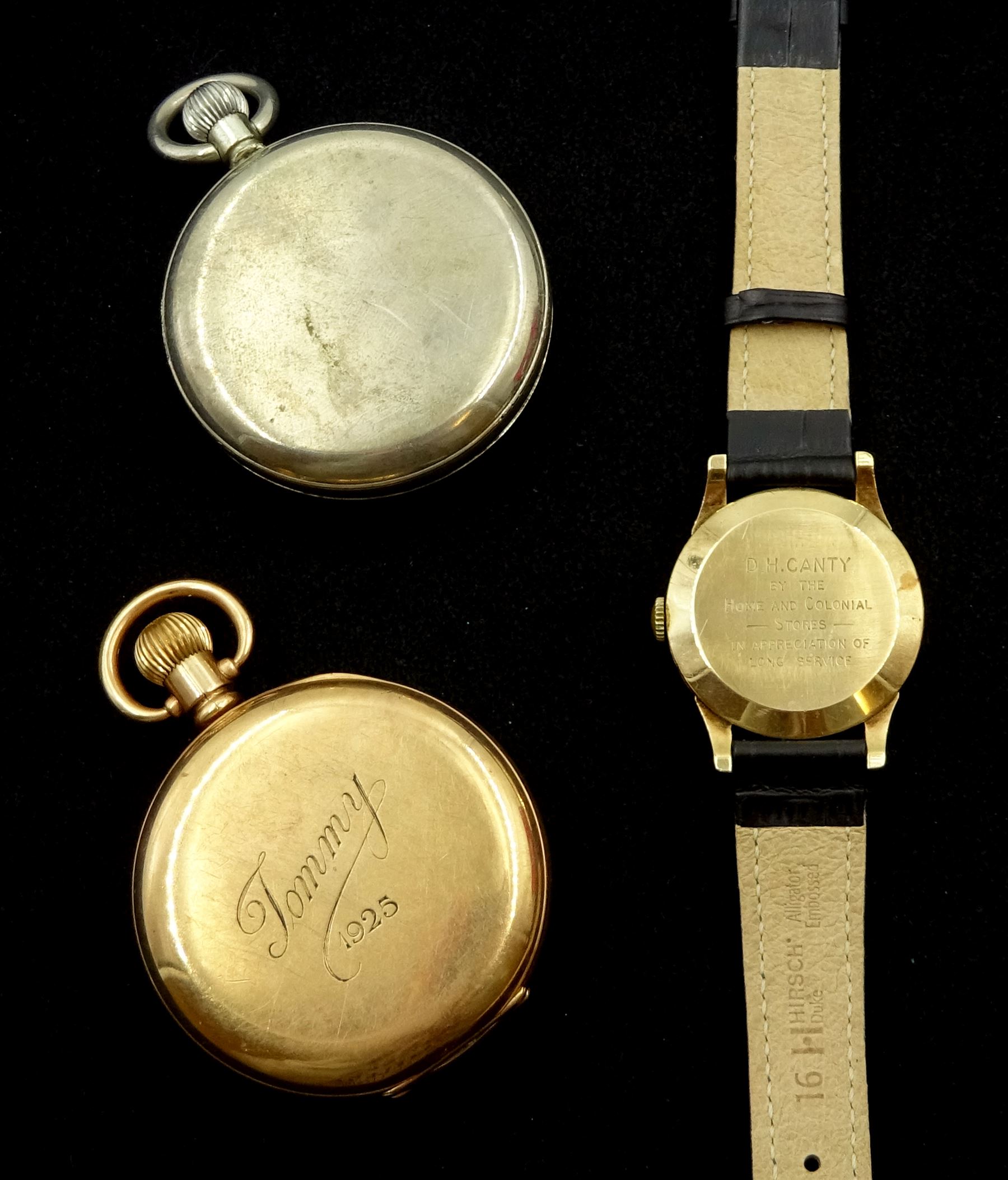 Smiths De Luxe 9ct gold gentleman's 15 jewels manual wind presentation wristwatch, with subsidiary seconds dial, Edinburgh 1961, on black leather strap, cased, Limit gol-plated pocket watch and one other