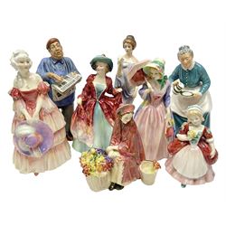 Eight Royal Doulton figures, including The Parisian HN2445, The Favourite HN2249, Miss Demure HN1402 and Harmony HN2824, all with printed mark beneath