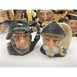 Large collection of Royal Doulton character jugs, to include Robinson Crusoe D6532, Tam O Shanter D6632, The Falconer D6533 etc, together with similar charater jugs and toby jugs   