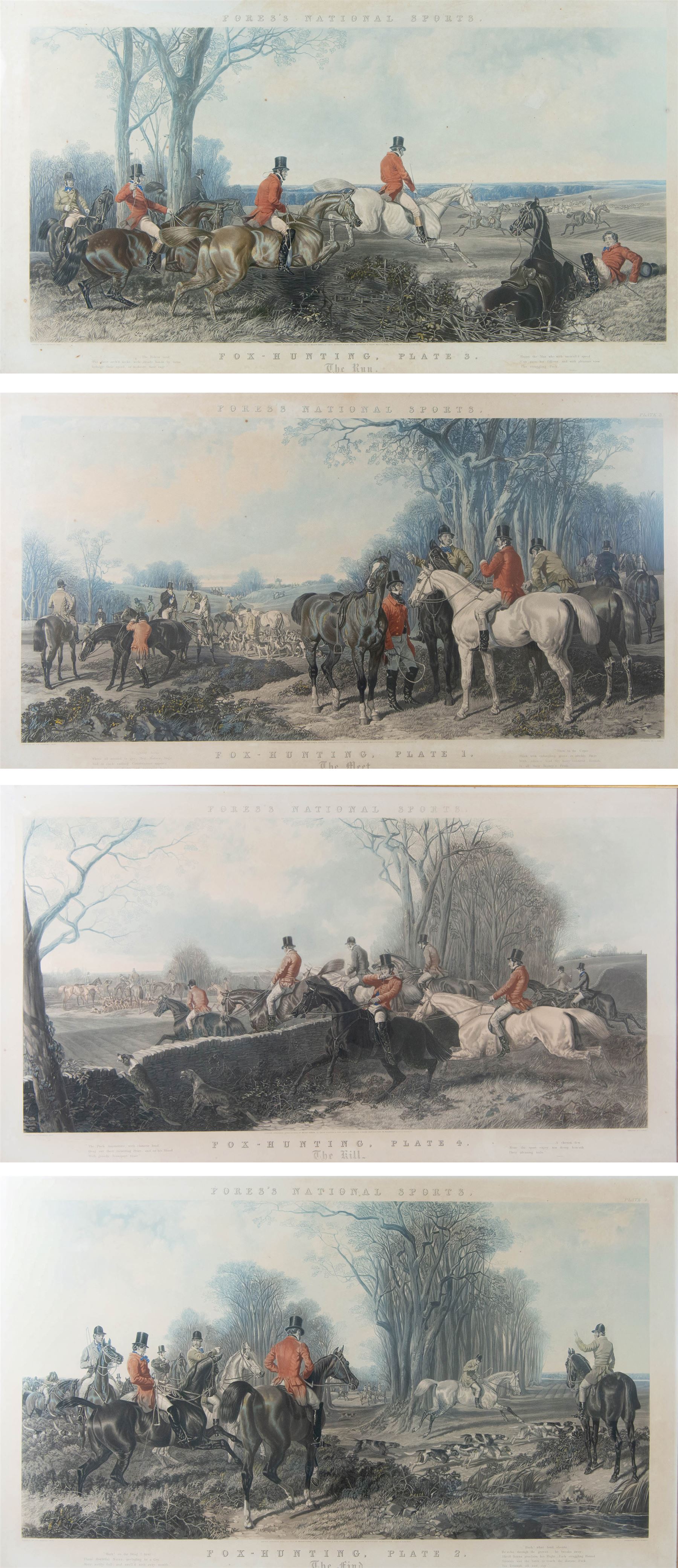 John Frederick Herring Senior (British 1795-1865): 'Fox Hunting - The Meet, The Find, The Run, The Kill',  set of four elephant folio aquatints by J. Harris, from Fores's National Sports, housed in ornate carved frames, aquatints 63cm x 114cm, overall size 88cm x 140cm (4)