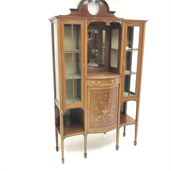 Edwardian inlaid mahogany breakfront display cabinet, swan neck pediment, mirrored centre, two glazed doors flanking central single drawer and cupboard, square tapering supports on spade feet, W123cm, H210cm,  D45cm