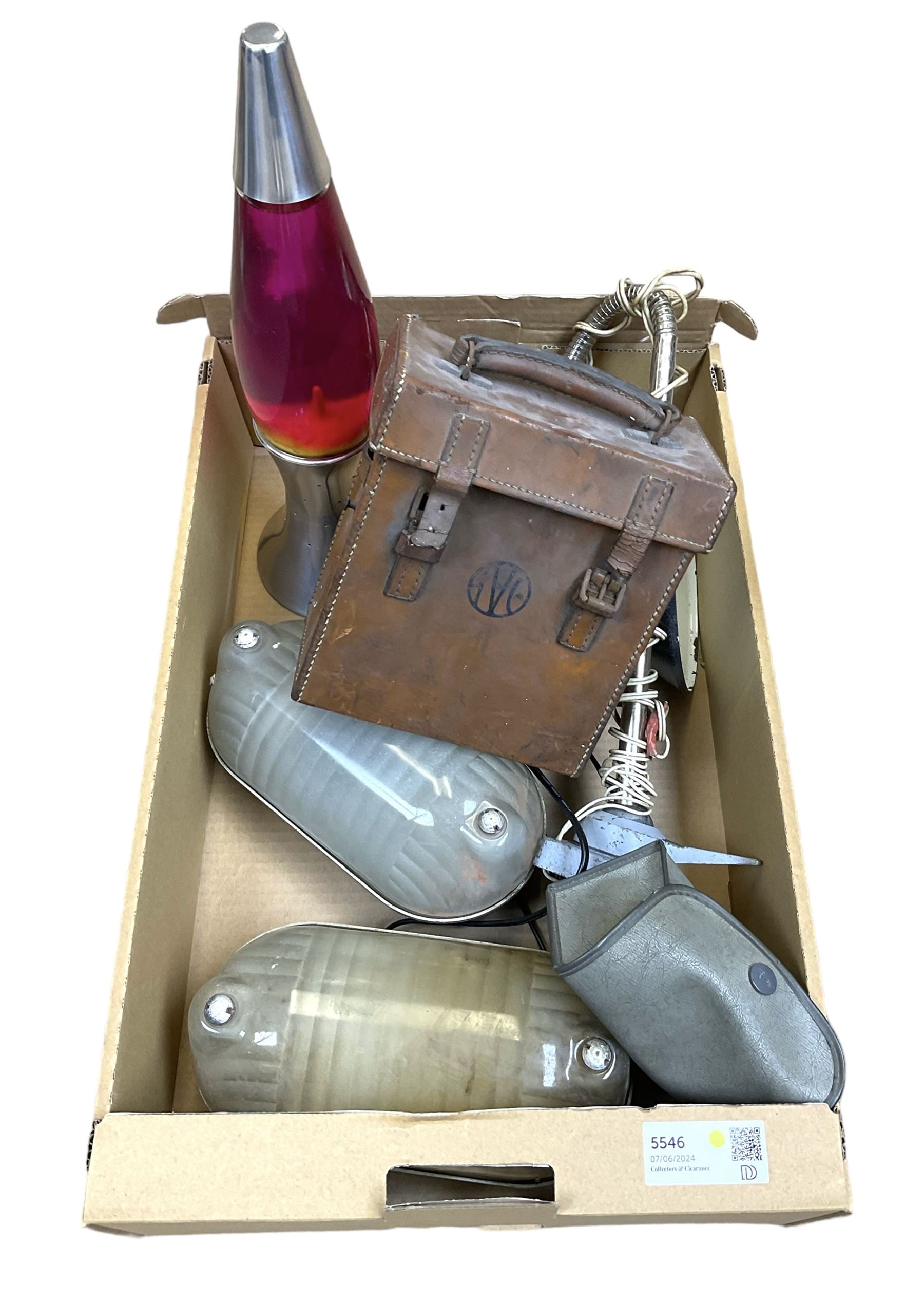 Cased Bakelite Avo Meter Model 7 Universal, together with a Kodak Brownie 127 camera, vintage Lava lamp, and other lighting, in one box  