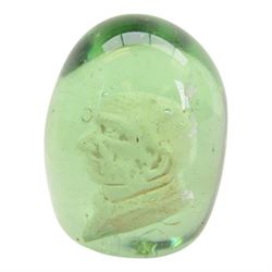 Three Victorian green glass dumps, two internally decorated with a bust profile of William Ewart Gladstone and one with a medallion to the centre, tallest H10cm
